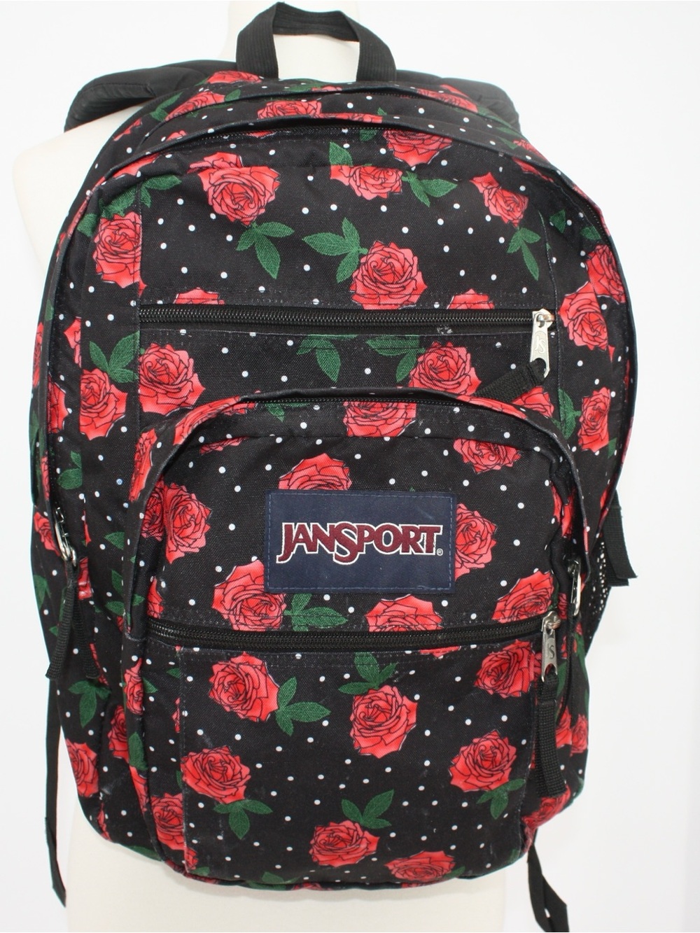 JanSport Black Red Rose Floral Polka Dot Backpack School Travel Book Bag Y2K